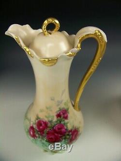 Limoges Main Roses Painted Or Gilt Poignée 12 Chocolate Pot Footed