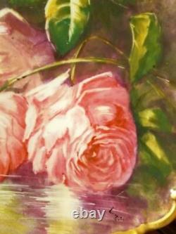 Limoges Peint À La Main Reflecting Waters Plaque De Mur Rose, Artiste Signé