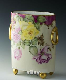 Limoges Roses Peint À La Main 10-3 / 4 Cache Pot Vase En Date De 1896