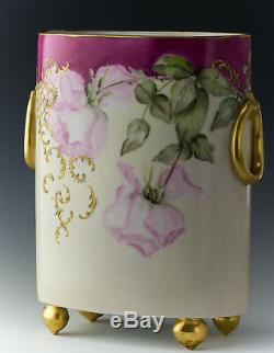 Limoges Roses Peint À La Main 10-3 / 4 Cache Pot Vase En Date De 1896