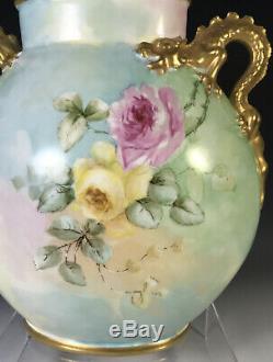 Limoges Roses Peint À La Main Dragon Poignées Vase