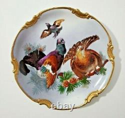 Magnifique Antique Limoges Coronet Signé À La Main Jeu Plaque D'oiseau Or Rim
