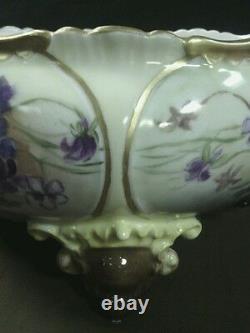 Magnifique Antique Limoges France Porcelaine Peinte À La Main Grand Bol Floral Footed