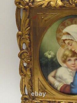 P&p Peint À La Main Ancienne Limoges Madonna & Plaque De Porcelaine À Cadre D'enfant 1903