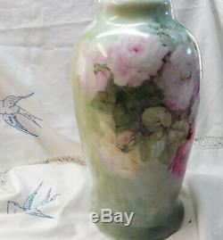 Painted Antique Vintage Main Limoges Roses Sur Énorme Bavière Rosenthal Vase