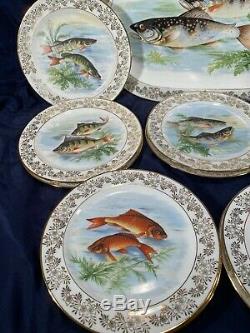 Painted Vintage Main Limoges Poisson Set 12 Assiettes + Long Platter Fabriqué En France