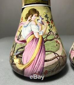 Paire Antique Art Nouveau En Laiton Peint À La Main Vase Limoges Émail / Mucha Femme