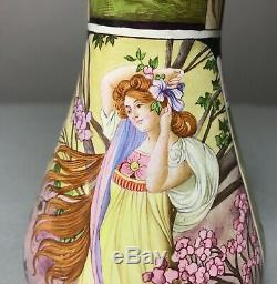 Paire Antique Art Nouveau En Laiton Peint À La Main Vase Limoges Émail / Mucha Femme