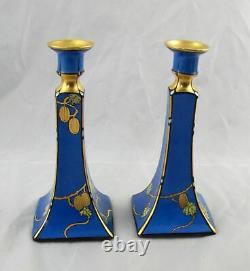 Paire Antique Bernardaud Limoges Main Peinte Candle Sticks Holders 9 Excellent