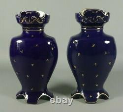 Paire Antique Français Vases Cobalt Blue Hand Painted Paris Porcelaine Limoges