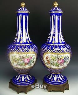 Paire De Sevres France Fleurs Peintes À La Main En Bronze Surélevé Or 17 Vases Urnes Couvertes