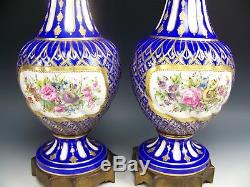 Paire De Sevres France Fleurs Peintes À La Main En Bronze Surélevé Or 17 Vases Urnes Couvertes