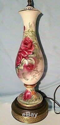 Peintes À La Main Signée Victorienne Limoges Style Porcelain Table Lamp 2' Roses Floral