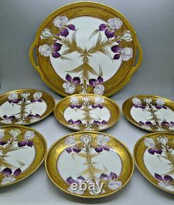 Pickard & Gda Limoges Peint À La Main Art Nouveau C. 1905 Iris Cake Plate Set Fuchs