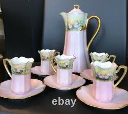 Pink Antique Haviland Limoges Chocolate Pot Cup & Saucer Set Handpainted Signed