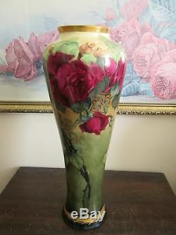 Pl Limoges France Peint À La Main Rouge Roses Vase Signé M. B. A. Sleeper 13,5
