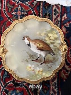 Plat et 4 assiettes de jeu d'oiseaux peints à la main Limoge de 1930 de style vintage