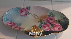 Plateau Platter ancien peint à la main Limoges 10,5 Roses roses et bordure en or Iris