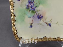 Plateau de coiffeuse petite peint à la main de Limoges signé par l'artiste avec des fleurs violettes et de l'or