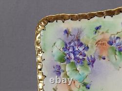 Plateau de coiffeuse petite peint à la main de Limoges signé par l'artiste avec des fleurs violettes et de l'or