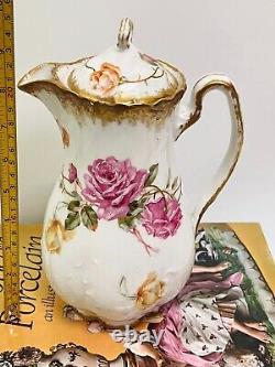 Pot à café et chocolat en porcelaine de Limoges antique des années 1900 avec des roses peintes à la main