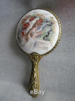 Rare Magnifique Miroir En Porcelaine Peinte À La Main De 1890 Art Nouveau, Limoges