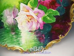 Roses Peintes À La Main De Limoges Reflétant Au-dessus De L'eau, Signé A. Chargeur Broussillon