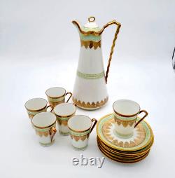 Service à thé Antique 13 LIMOGES peint à la main avec théière tasses soucoupes en or vibrant rare