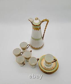 Service à thé Antique 13 LIMOGES peint à la main avec théière tasses soucoupes en or vibrant rare