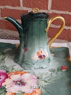 Service à thé en porcelaine Limoges antique peint à la main avec des fleurs roses signées par l'artiste en 1905