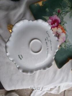 Service à thé en porcelaine Limoges antique peint à la main avec des fleurs roses signées par l'artiste en 1905