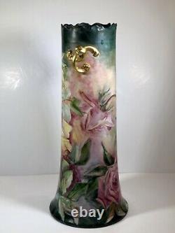 Superbe 15 Tall Limoges Painted Roses Vase