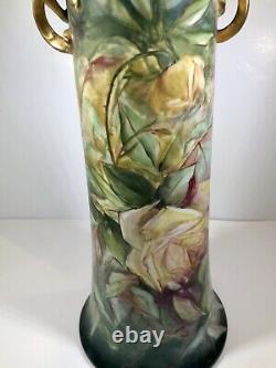 Superbe 15 Tall Limoges Painted Roses Vase