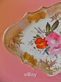Superbe Antique 19ème C Paris Porcelaine Peinte À La Main Rose Roses Plateau Gaufrée