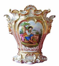 Superbe Grand Français V. 1850 Vase En Porcelaine De Paris, Style Rococo, Peint À La Main