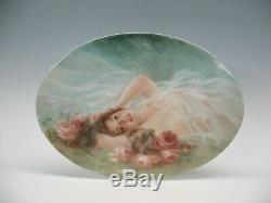 Superbe Plaque Portrait En Porcelaine De Limoges Couchée Nue Avec Roses Peintes À La Main