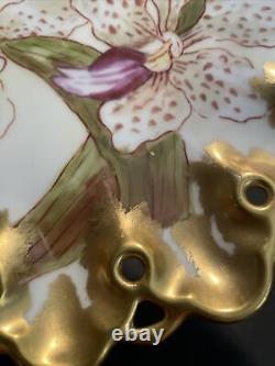 T&v Limoges France Orchidées Dorées Peintes À La Main En Plaques Reticulées Florales