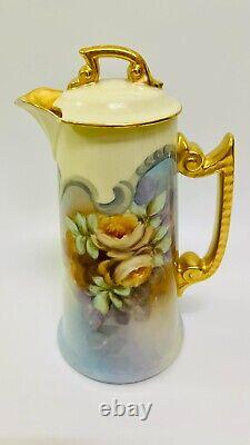 Théière à café Limoges T&V antique 1892-1907 peinte à la main, roses et or lourd