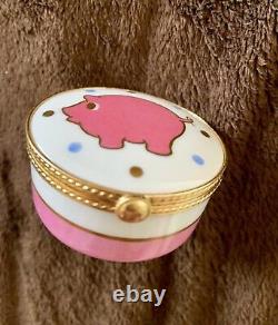 Tiffany & Co Limoges France Pink Pig Gold Gilt Jewelry Box, Signé, Peint À La Main