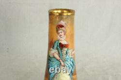 Vase à portrait en émail de Limoges antique Femme avec canne de marche 100% peint à la main