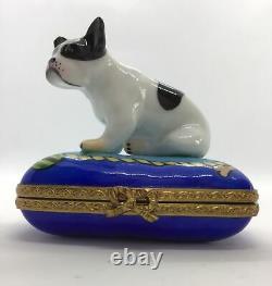 Vintag Limoges Peint Main Principale Peinte Français Bulldog Boston Terrier Trinket Box