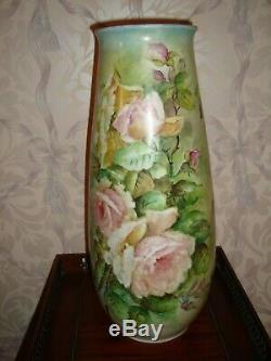 Vintage Bavière Allemagne Peint À La Main Vase, Roses Roses, Très Grand 17