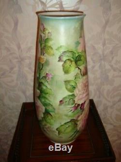 Vintage Bavière Allemagne Peint À La Main Vase, Roses Roses, Très Grand 17