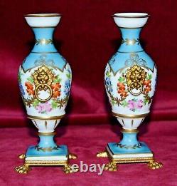Vintage Giraud Limoges Handpainted Porcelaine Gilt Ormolu Pedestal Urn Vases Paire