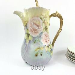 Vintage Hand Painted Chocolate Coffee Pot Set Roses And Butterflies Gold Signé
