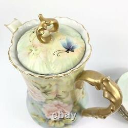Vintage Hand Painted Chocolate Coffee Pot Set Roses And Butterflies Gold Signé