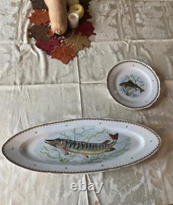 Vintage Hand Painted France Fish Designs Set 12 Assiettes À Dîner & 24 Long Platter