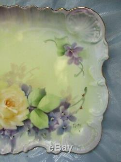 Vintage Limoges Porcelaine Peinte À La Main Violettes & Roses Vanity Plateau Occaion