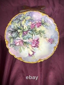 Vintage Limoges Style Peint À La Main Fuchsias Floral Platter/charger Artiste Signé