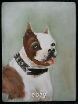 Vintage T&v Limoges Peint À La Main Boston Terrier Dog Porcelaine Portrait Plaque